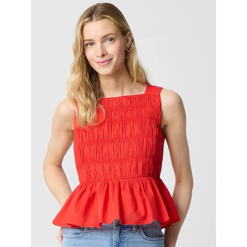 J. Crew Red Sleeveless Smocked Peplum Top 2 Tomato Girl Clean Minimalist Preppy